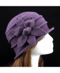 Skullies & Beanies Women 100% Wool Felt Round Top Cloche Hat Fedoras Trilby with Bow Flower - A6 Purple - CC188A3CCGH $21.50