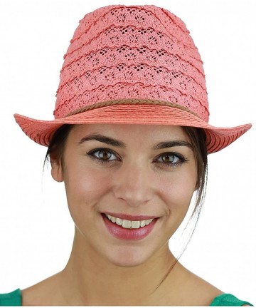 Fedoras Braided Trim Spring Summer Cotton Lace Vented Fedora Hat - Coral - C817YKCLAX3 $13.21