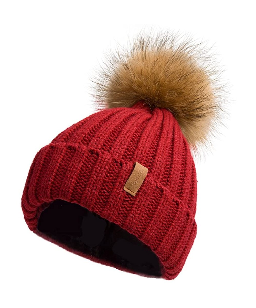 Skullies & Beanies Women Winter Knitted Beanie Hat with Fur Pom Bobble Hat Skull Beanie for Women - Wine( Gold Pompom) - CT18...