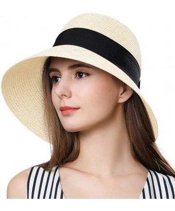 Fedoras Packable Womens Straw Cloche Derby Fedora Summer Wide Brim Sun Hat Floppy Beach 55-60cm - Beige_69087 - CV18CMZZXMI $...