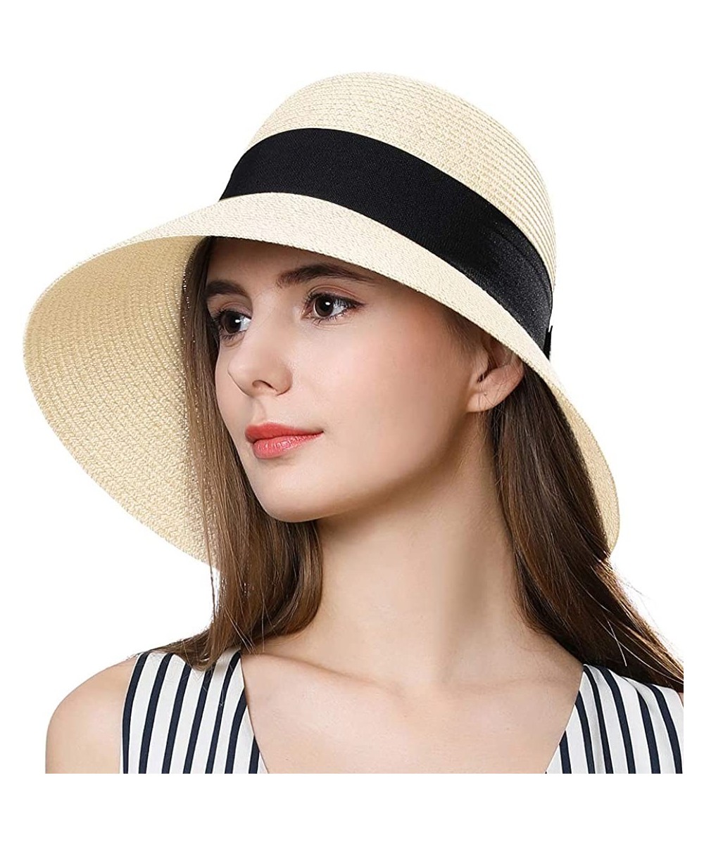 Fedoras Packable Womens Straw Cloche Derby Fedora Summer Wide Brim Sun Hat Floppy Beach 55-60cm - Beige_69087 - CV18CMZZXMI $...