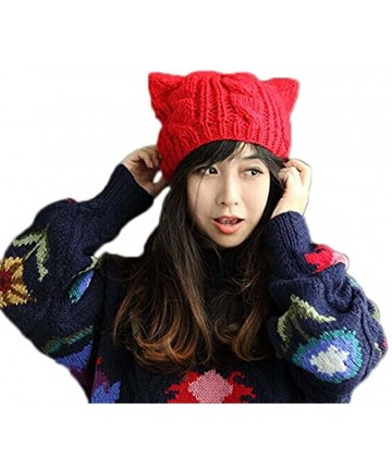 Skullies & Beanies Knit Dog Ear Hat for Women Knitting Crochet Handmade Warmer Beanie Cap - Red - CC187AIQ8R8 $18.02
