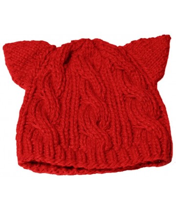 Skullies & Beanies Knit Dog Ear Hat for Women Knitting Crochet Handmade Warmer Beanie Cap - Red - CC187AIQ8R8 $13.57
