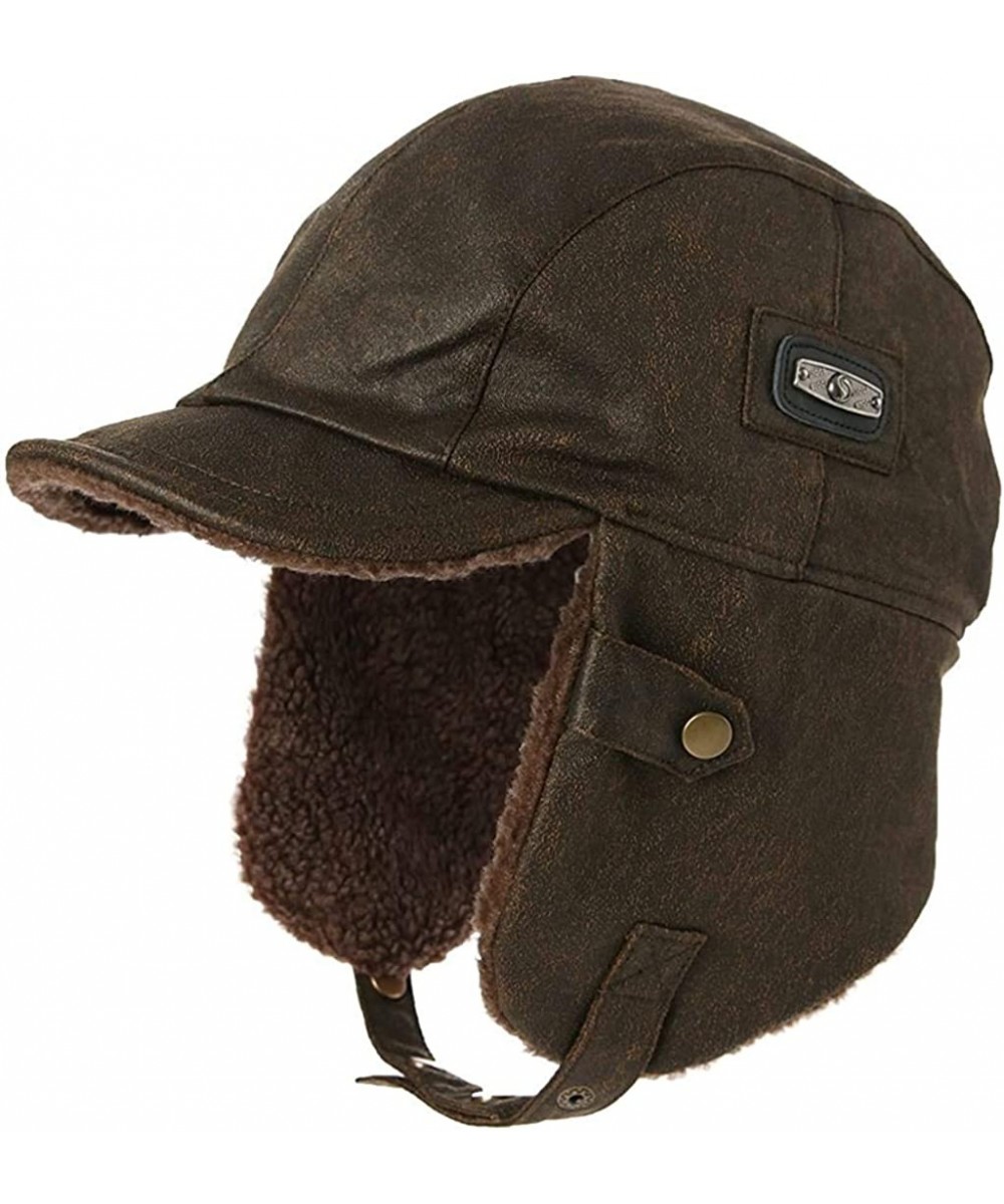 Bomber Hats Aviator Hat Faux Leather Pilot Cap Adult Men Winter Trapper Hunting Hat - 88115_brown - C712N8OFO5B $30.62