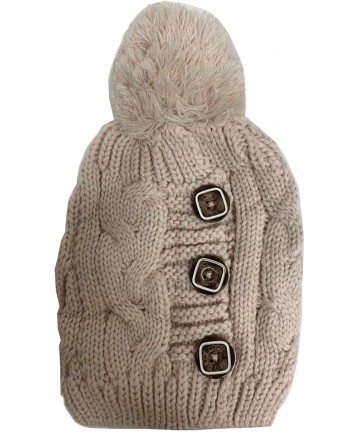 Skullies & Beanies Women Winter Faux Fur Pom Beanie Hat w/Warm Fleece Lined Thick Skull Ski Cap - Button Style - Beige - CX18...