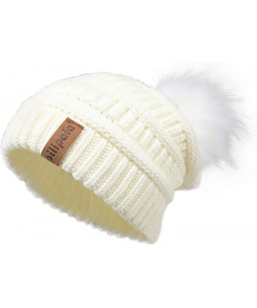 Skullies & Beanies Womens Winter Knit Beanie Hat Slouchy Warm Pom Pom Hat Faux Fur Caps for Women Ladies Girls - White-white ...