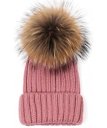 Skullies & Beanies Womens Girls Winter Premium Large Raccoon Fur Pom Pom Cap Knit Beanie Hat - Pink - CS182H3CKZC $17.56
