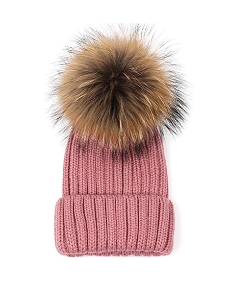 Skullies & Beanies Womens Girls Winter Premium Large Raccoon Fur Pom Pom Cap Knit Beanie Hat - Pink - CS182H3CKZC $17.56