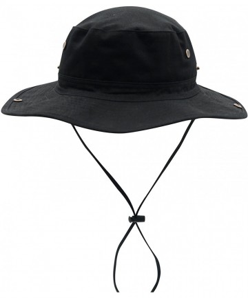 Sun Hats Women Fishing Sun Hat Wide Brim Breathable Cotton Safari Hat with Strap - Black - C818R4ODIU9 $18.46