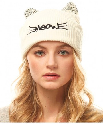 Skullies & Beanies Women's Soft Warm Embroidered Meow Cat Ears Knit Beanie Hat with Stone Embellished - Ivory - CL18XAIYCTI $...
