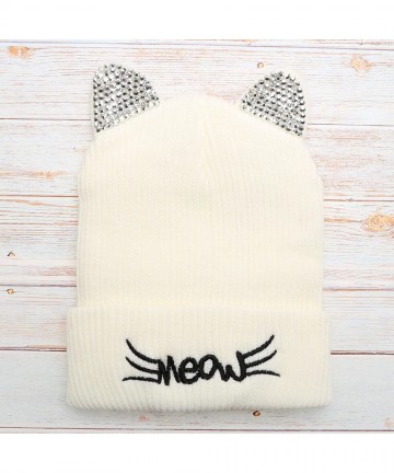 Skullies & Beanies Women's Soft Warm Embroidered Meow Cat Ears Knit Beanie Hat with Stone Embellished - Ivory - CL18XAIYCTI $...