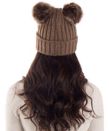 Skullies & Beanies Womens Winter Thick Cable Knit Beanie Hat with Faux Fur Pompom Ears - Khaki Beanie With Coffee Pompom - CT...