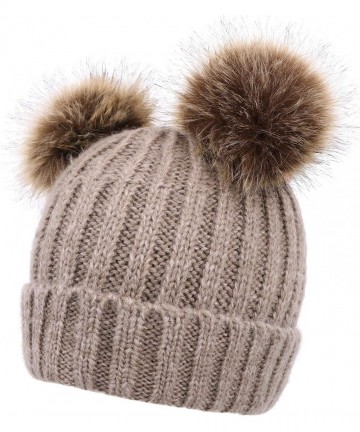 Skullies & Beanies Womens Winter Thick Cable Knit Beanie Hat with Faux Fur Pompom Ears - Khaki Beanie With Coffee Pompom - CT...