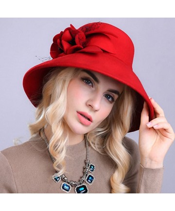 Fedoras Women's Wide Brim Wool Felt Bowler Hat - Red - CE12MCI8NM1 $64.12