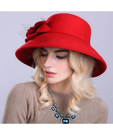 Fedoras Women's Wide Brim Wool Felt Bowler Hat - Red - CE12MCI8NM1 $64.12