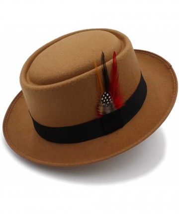 Fedoras Fashion Men Pork Pie Hat Wool Flat Fedora Hat Gentleman Panama Trilby Hat with Fashion Feather - Khaki - C118NE8GZMK ...