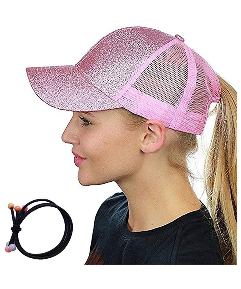 Baseball Caps Ponycap Messy High Bun Ponytail Adjustable Glitter Mesh Trucker Baseball Cap Hair Band As Gift - Pink - C118EH5...