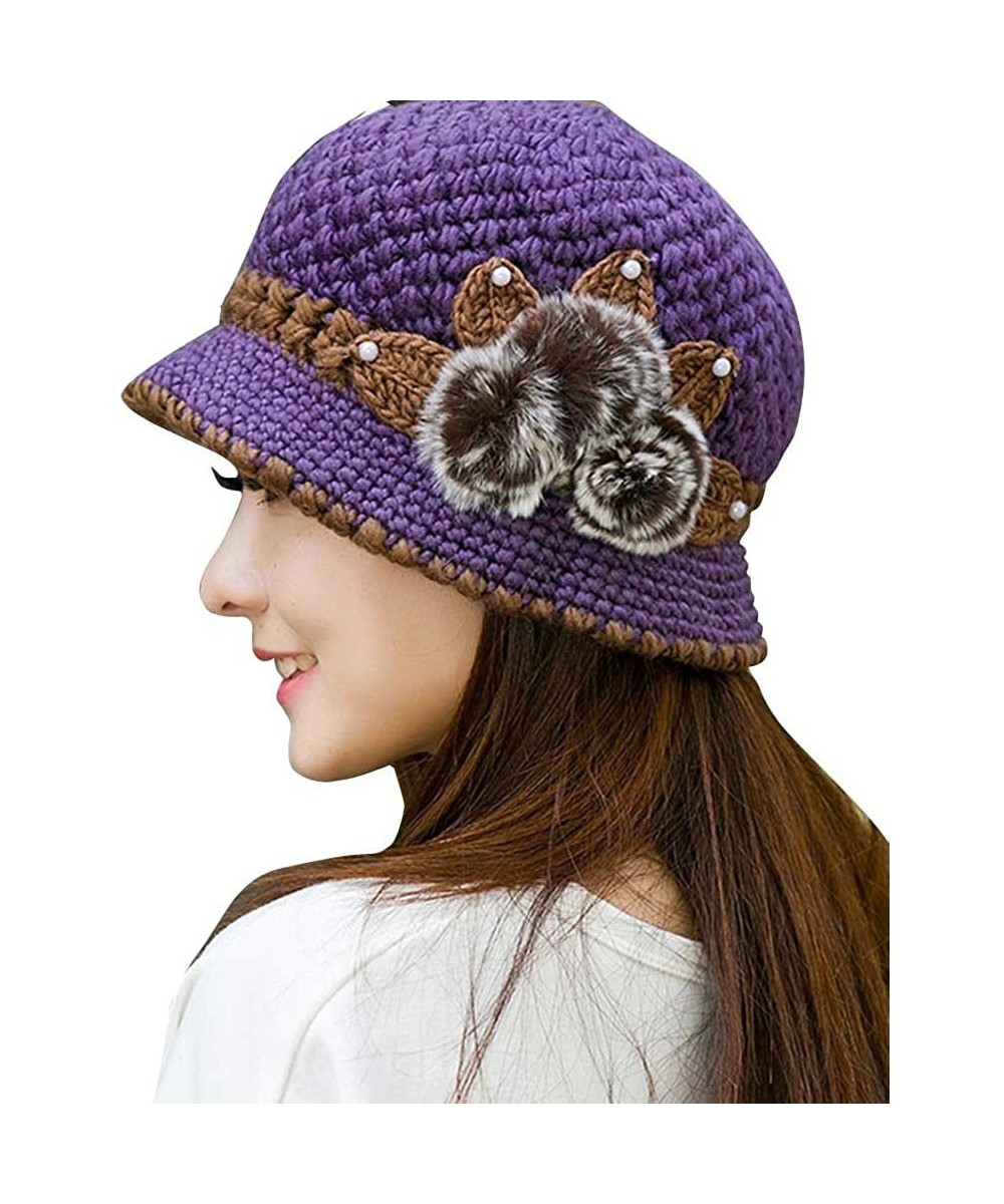 Cold Weather Headbands Women Color Winter Hat Crochet Knitted Flowers Decorated Ears Cap with Visor - Purple - CZ18LH4CX4T $1...