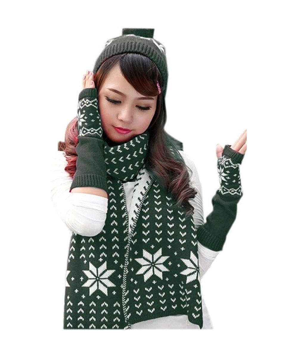 Skullies & Beanies Women's 3 Piece Winter Set-Snowflake Pompom Beanie- Arm Warmers-Reversible Scarf - Dark Green - CG18839EHA...