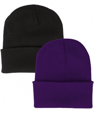 Skullies & Beanies 2 Pack Beanie Hats Assorted Colors 11.5 Inches Long Skull Caps - Black & Purple - CA188CNHI4K $12.71