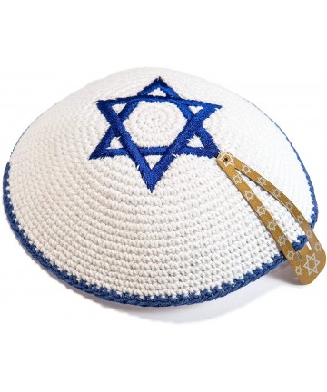 Skullies & Beanies Knitted Cotton 16cm White Navy Blue Magen David Kippah Jewish Kipa Israel Yarmulke Synagogue - CQ18LRE8TS8...