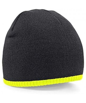 Skullies & Beanies Mens Pull on Warm Knitted Beanie Ski Hat with Contrast Trim - Black/Fluorescent Yellow - C918AH42W22 $15.10