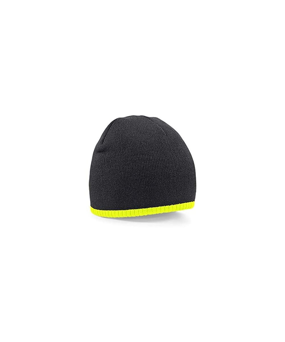 Skullies & Beanies Mens Pull on Warm Knitted Beanie Ski Hat with Contrast Trim - Black/Fluorescent Yellow - C918AH42W22 $15.10