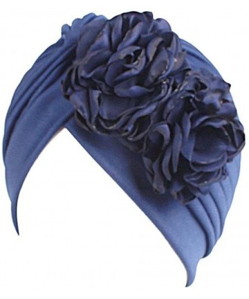 Skullies & Beanies Women Muslim Solid Flowers Cancer Chemo Hat Turban Headbands Hair Loss Wrap Cap - Navy - CX186OCZ7EN $13.35