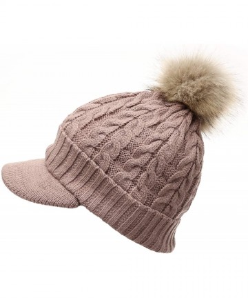 Skullies & Beanies Women's Winter Warm Cable Knitted Visor Brim Pom Pom Beanie Hat with Soft Sherpa Lining. - Khaki - C31896M...