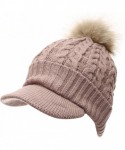 Skullies & Beanies Women's Winter Warm Cable Knitted Visor Brim Pom Pom Beanie Hat with Soft Sherpa Lining. - Khaki - C31896M...
