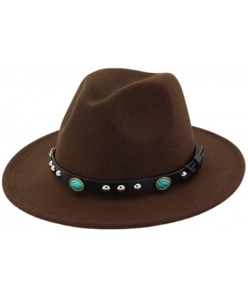 Fedoras Adult Wool Panama Hats Wide Brim Jazz Fedora Caps Turquoise Leather Band - Coffee - C818H9Y48EU $20.71