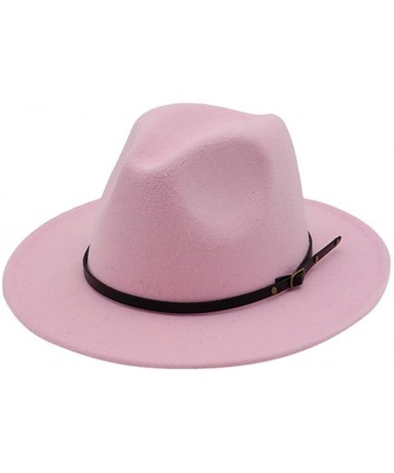 Fedoras Mens Fedora Hat Faux Felt Wide Brim Belt Buckle Cowboy Hat - B Pink - CK1933XL9XQ $14.29