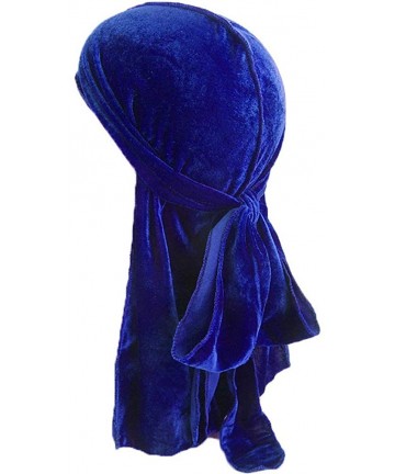 Skullies & Beanies Men's Soft Velvet Long Tail Wide Straps Durag Solid Color Cap Turban Headwrap - Royal Blue - CJ18GR93EGZ $...