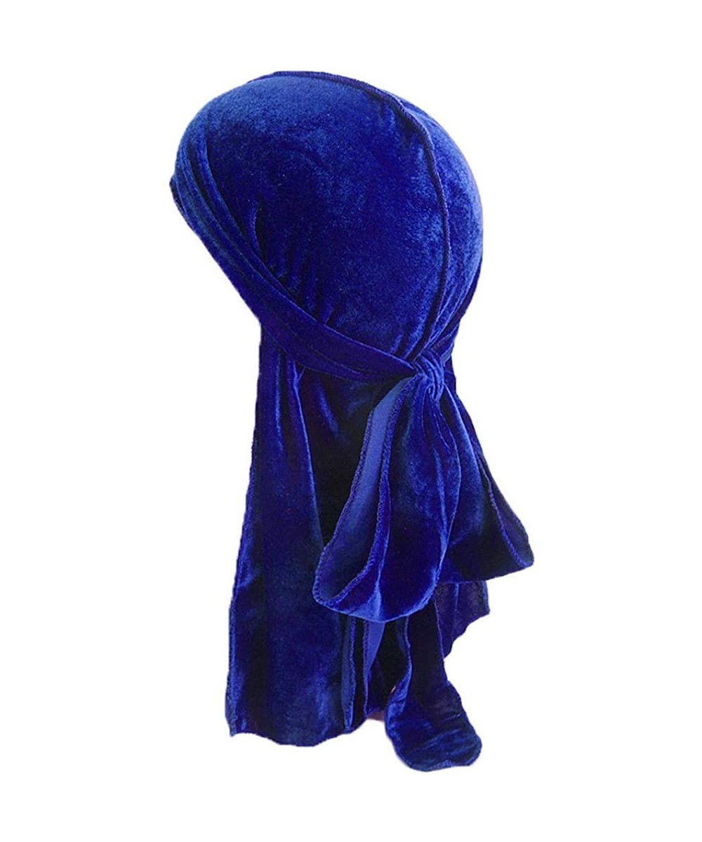 Skullies & Beanies Men's Soft Velvet Long Tail Wide Straps Durag Solid Color Cap Turban Headwrap - Royal Blue - CJ18GR93EGZ $...