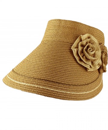 Visors Women's Roll Up Wide Brim Sun Visor Hat with Flower Trim - Camel - CY11MF6OVT5 $16.10