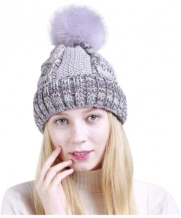 Skullies & Beanies Womens Hat Winter- Women Warm Winter Pom Pom Crochet Knit Wool Ski Caps Lined Beanie Hat - Gray - CL188RRL...