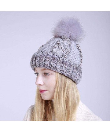 Skullies & Beanies Womens Hat Winter- Women Warm Winter Pom Pom Crochet Knit Wool Ski Caps Lined Beanie Hat - Gray - CL188RRL...