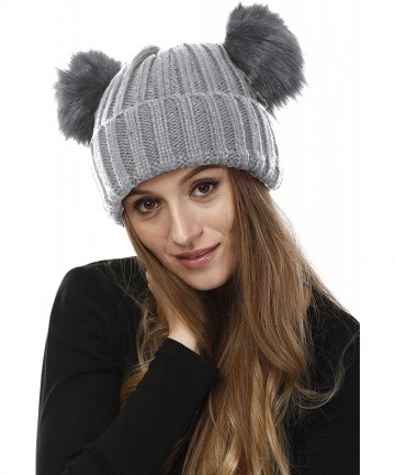 Skullies & Beanies Women's Winter Trendy Warm Knit Beanie Hat with Pom Pom Ears - W/ Lining Grey - CU18IHI9UZT $18.92