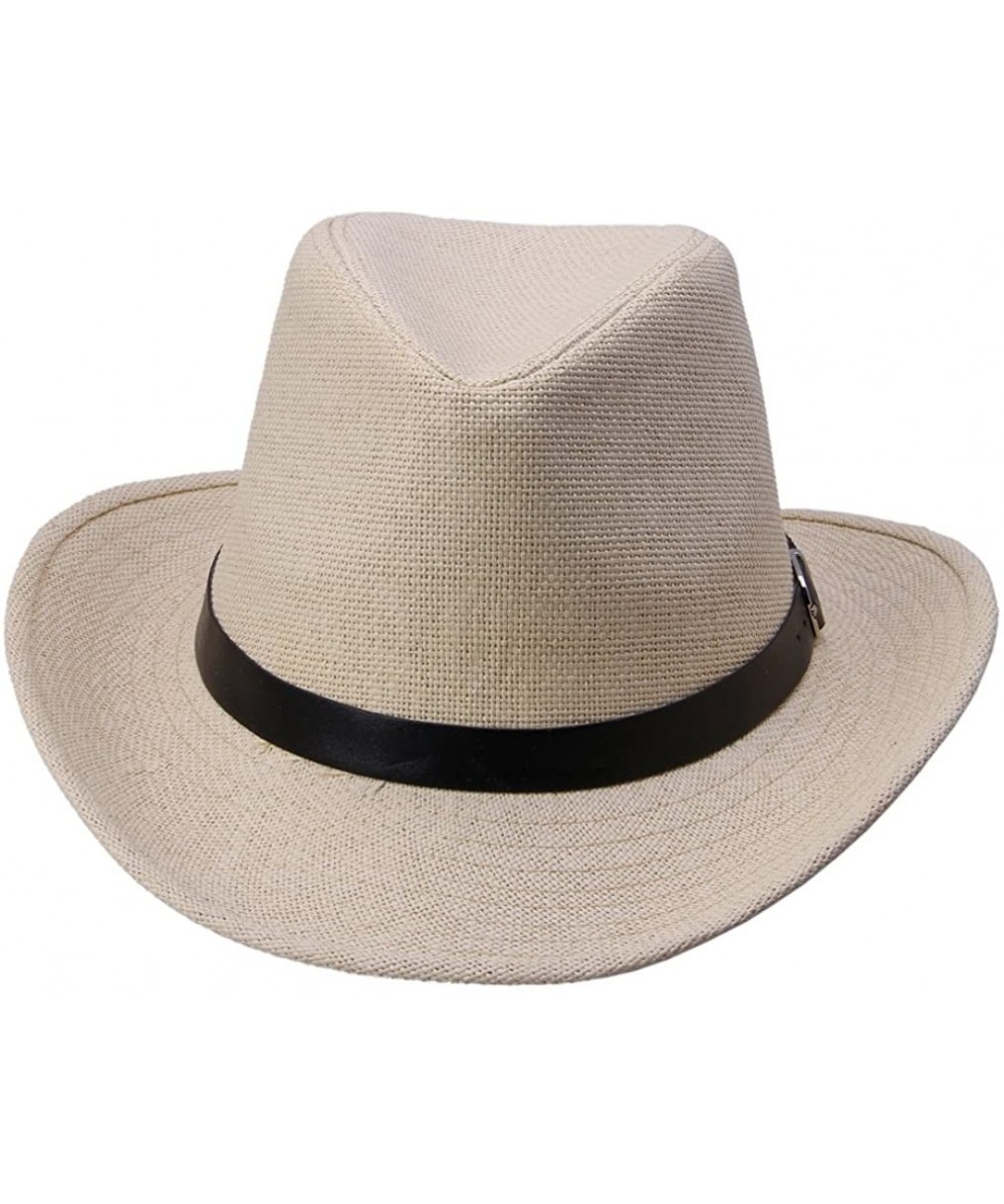 Cowboy Hats Unisex Straw Cowboy Belted Panama Hat Summer Sun Jazz Cap - Beige - CT11L9QJE03 $14.67