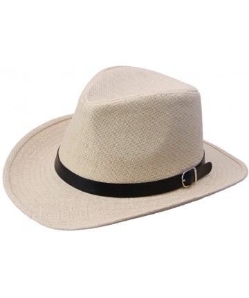 Cowboy Hats Unisex Straw Cowboy Belted Panama Hat Summer Sun Jazz Cap - Beige - CT11L9QJE03 $14.67