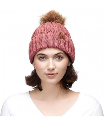 Skullies & Beanies Exclusives Fuzzy Lined Knit Fur Pom Beanie Hat (YJ-820) - Mauve - C518I6Q5XXX $23.82