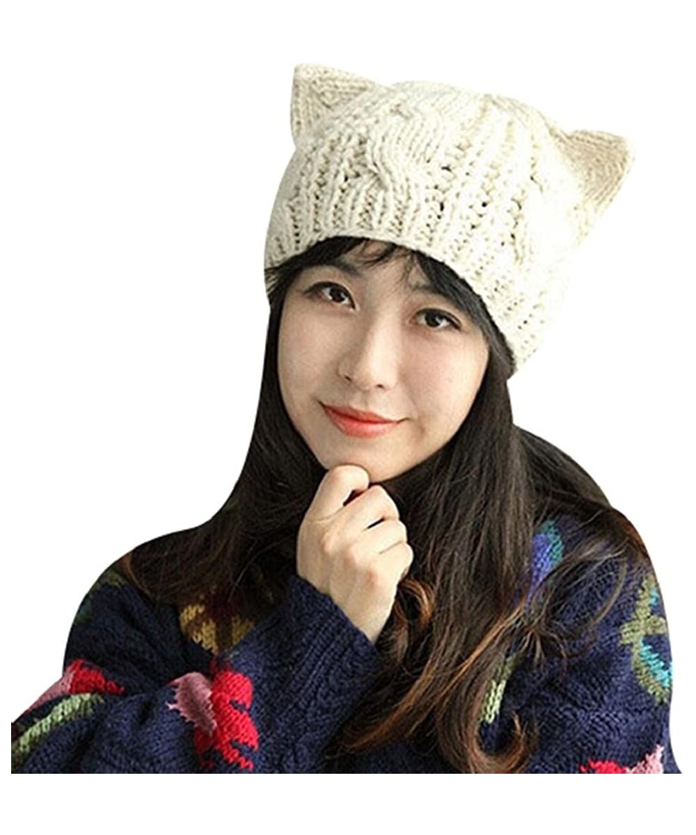 Skullies & Beanies Women's Winter Woolen Crochet Knitted Hat Lovely Cat Ear Cap Beanie Hat - Beige - C71896LSLQX $13.37