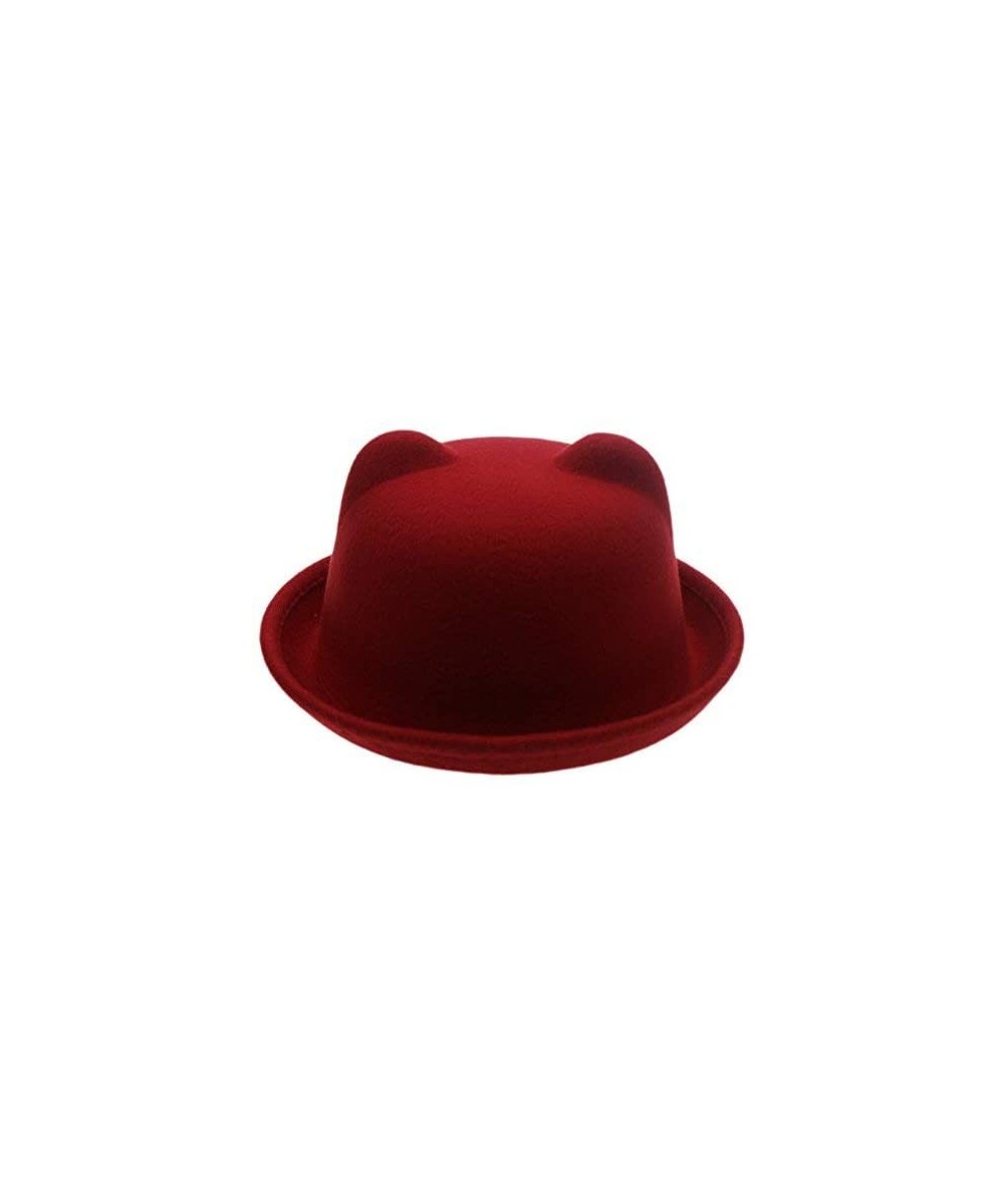 Fedoras Women Candy Color Wool Woolen Felt Cat Ear Curling Fedora Bowler Top Hat Cap 22" - Red - C612CZ1UUOJ $16.30