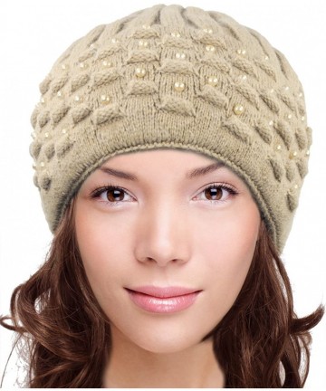 Skullies & Beanies Women's Angora Blend Beanie Hat - Dual Layer Pearl Accent Edge - Tan - C412N1Y40UJ $37.62