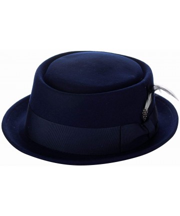 Fedoras Mens Crushable Wool Felt Porkpie Hat w/Feather - Navy - C718YH42K4Y $39.88