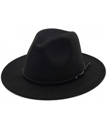 Fedoras Womens Classic Wide Brim Floppy Panama Hat Belt Buckle Wool Fedora Hat - Black - CY18SG8KC7E $12.97
