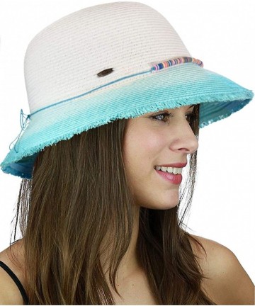 Bucket Hats Women's Paper Woven Cloche Bucket Hat with Color Bow Band - Aqua Fringe - CM1965E86WK $26.21