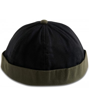 Skullies & Beanies Brimless Adjustable Docker Hat Beanie - Retro Cotton No Visor Cap Men and Women - Black W/ Olive Green Cuf...