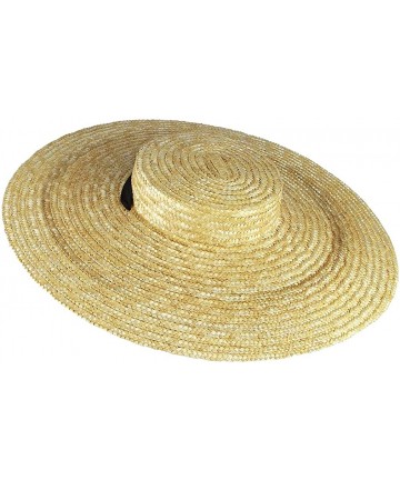 Sun Hats Women Vintage Boater Straw Hat Wide Brim Flat Top Floppy Derby Straw Hat Beach Sun Hats with Chin Strap - Beige - CI...