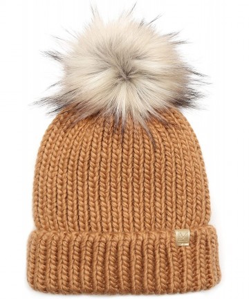 Skullies & Beanies Women's Winter Solid Ribbed Knitted Beanie Hat with Faux Fur Pom Pom - Camel - CX18WCALA4U $16.61